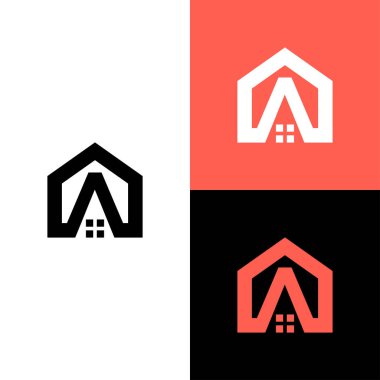 Gayrimenkul logosu, A harfi ve ev tasarımı vektör illüstrasyonlu A monogramı