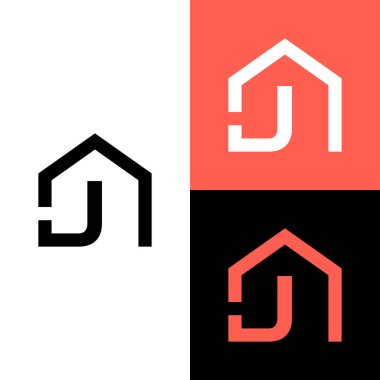 Gayrimenkul logosu, J harfi ve ev tasarım vektörü illüstrasyonlu J harfi