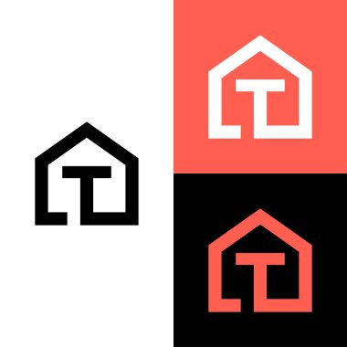 Emlak logosu, T harfi ve ev tasarımı vektör illüstrasyonlu T monogramı