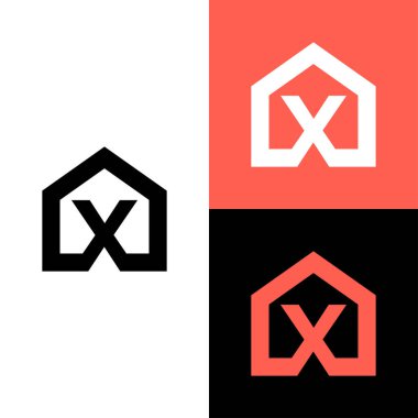 Gayrimenkul logosu, X harfi ve ev tasarımı vektör illüstrasyonlu X monogramı