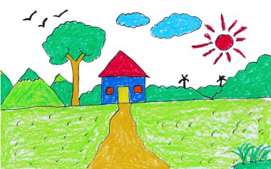 Hayvanların, doğanın renkli çocuksu karalamaları, kedi, tekne, balık gibi nesneler. Çocuk sanatı