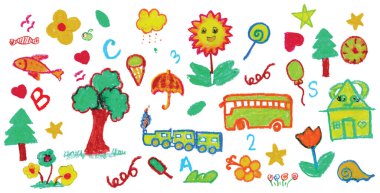 Renkli boya kalemi manzarası: ev, patika, ağaçlar, dağlar, güneş, bulutlar. El çizimi çocuk sahnesi