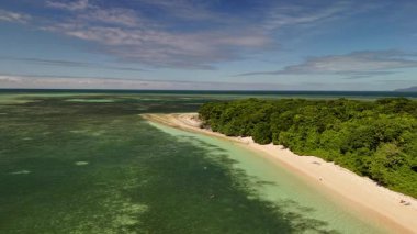 Green Island 'ın hava görüntüleri. Queensland, Avustralya açıklarındaki Büyük Set Resifi' ndeki bir mercan mağarası. Sahne turkuaz suları, uçan resifler, beyaz kumsallar, uzun bir iskele ve iskeleyi ve yoğun tropikal yağmur ormanlarını yakalıyor. Popüler.