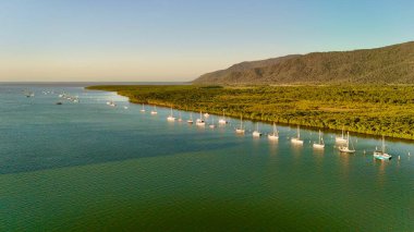Bu çarpıcı hava fotoğrafı Cairns, Queensland, Avustralya üzerinden altın saati yakalıyor. Çapalı yelkenlilerle dolu sakin sular, yemyeşil mangrov ormanları ve ormanlı tepelerle çevrili solgun güneş ışığını yansıtıyor. Huzurlu ve ikonik bir gün batımı anı