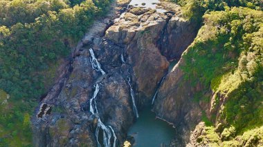 Kuranda, Queensland, Avustralya yakınlarındaki Barron Gorge Ulusal Parkı 'ndaki Barron Falls' un insansız hava aracı görüntüleri. Video, yoğun yağmur ormanlarında çağlayan dramatik şelaleyi görüntülüyor, Kuranda Manzaralı Tren İstasyonu, Centenary Park
