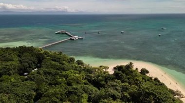 Green Island 'ın hava görüntüleri. Queensland, Avustralya açıklarındaki Büyük Set Resifi' ndeki bir mercan mağarası. Sahne turkuaz suları, uçan resifler, beyaz kumsallar, uzun bir iskele ve iskeleyi ve yoğun tropikal yağmur ormanlarını yakalıyor. Popüler.