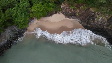 Güzelliği, yemyeşil bir plajın hava görüntüsüyle deneyimlemek. Tanık dalgaları çarpıyor, sakin bir atmosfer yaratıyor.