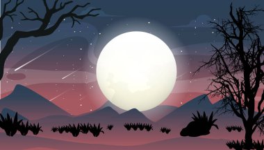 Dağın arka planında gece gökyüzü yıldızlar, ay ve bulutlarla.