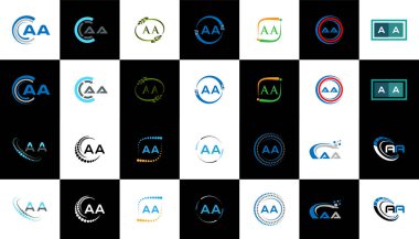 AA minimalist ve klasik logo seti tasarımı. Siyah ve beyaz varyasyon harfi logosu bir sanat tahtasında ayarlanmış AA düz ve basit biçim.
