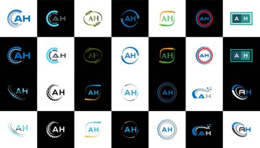 AH minimalist ve klasik logo seti tasarımı. Siyah ve beyaz varyasyon harfi logosu olan düz ve basit bir biçim..