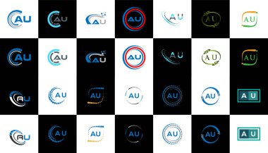 AU minimalist ve klasik logo dizaynı. Siyah ve beyaz varyasyon harfi logosu bir sanat tahtasında ayarlanmış AU düz ve basit biçimi.