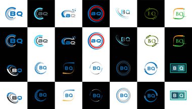 Barbekü minimalist ve klasik logo set tasarımı. Siyah ve beyaz varyasyon harfi logosu bir sanat tahtasında ayarlanmış BQ düz ve basit biçimi.