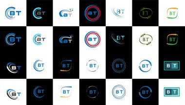BT minimalist ve klasik logo dizaynı. Siyah ve beyaz varyasyon harfi logosu bir sanat tahtasında ayarlanmış BT düz ve basit stil.