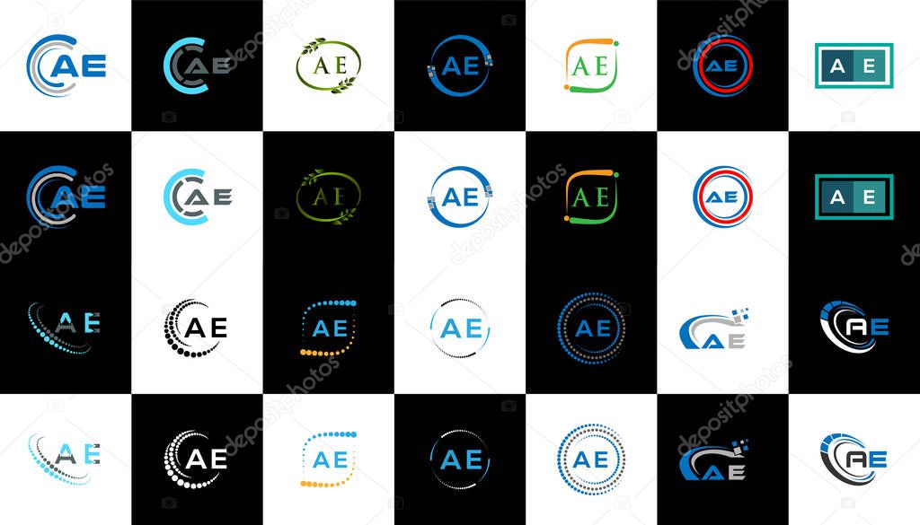 AE minimalist and classic logo set design. AE flat and simple style with black and white color variation letter logo set in one artboard.