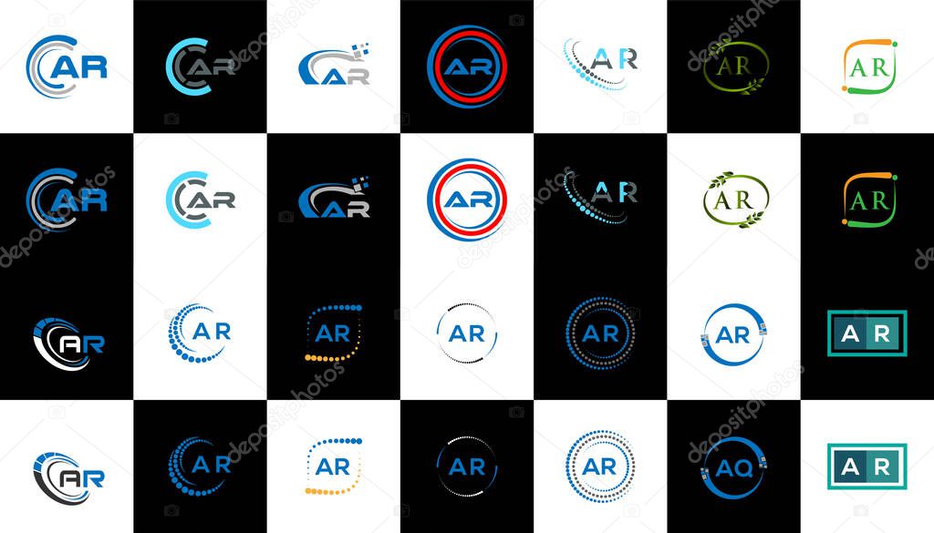 AR minimalist and classic logo set design. AR flat and simple style with black and white color variation letter logo set in one artboard.