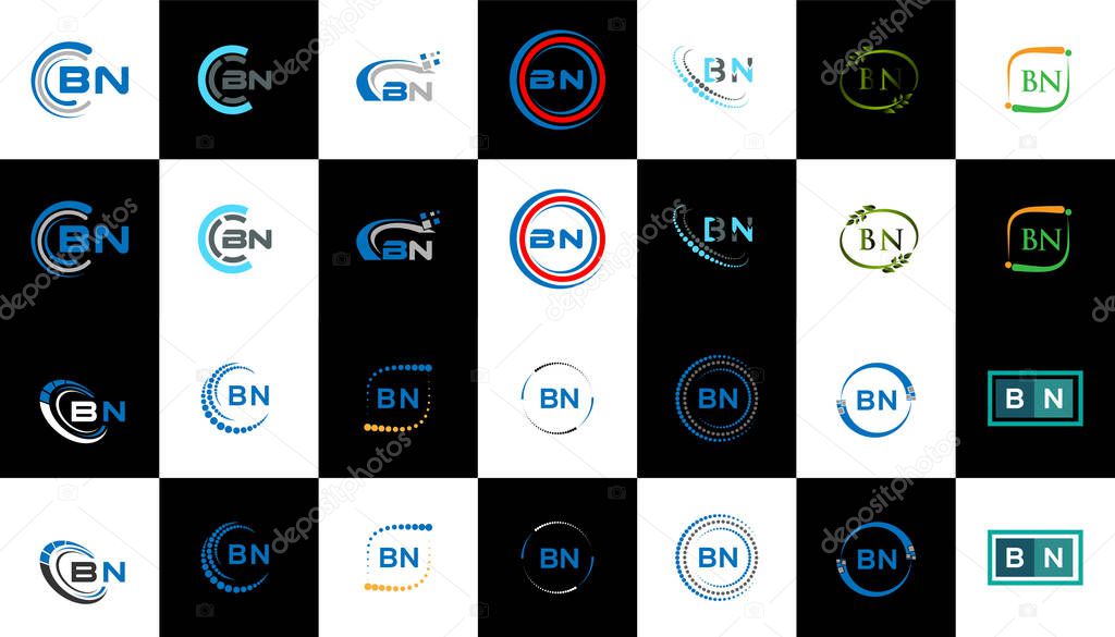 BN minimalist and classic logo set design. BN flat and simple style with black and white color variation letter logo set in one artboard.