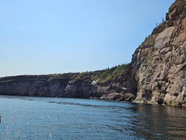 Açık mavi gökyüzünün altındaki yüksek uçurumlarla çevrili korunaklı sahil koyunda. Dramatik korumalı deniz ortamı.