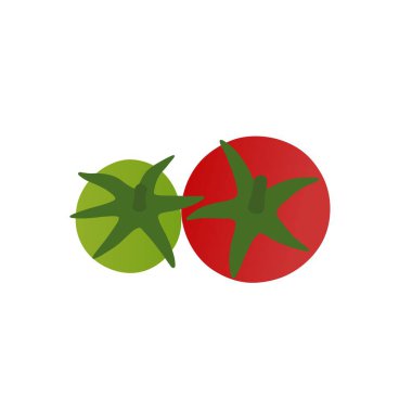 Beyaz arka planda izole edilmiş taze yeşil ve olgun kırmızı domateslerin düz vektör çizimi. Gıda, tarım, tarım ve sağlıklı yaşam tarzı tasarımı için mükemmel..