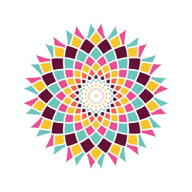 Kalın ve pastel renklere sahip soyut mandala tasarımı, arkaplan veya tekstil için dekoratif geometrik simetri.