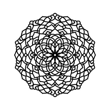 A detailed black mandala design featuring interwoven curves and petals forming circular symmetry. Perfect for meditation themes, decorative art, textiles, and branding requiring ornate, balanced visuals.