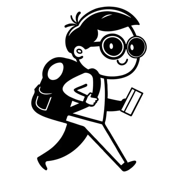 Sırt çantası ve kitapları olan çizgi film çocuğu.