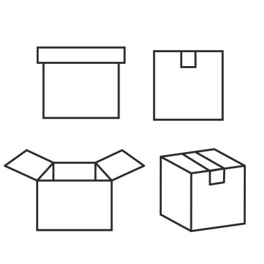 Posta servisi aracılığıyla sevkiyat için malzeme ve malzemelerin paketlendiği kutular. Vektör çizgisi çizimi beyaz arkaplanda izole edildi.