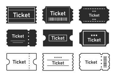 Bilet vektör illüstrasyon seti. Grafik ve web tasarımı için siyah çizim. Çeşitli platformlar veya web siteleri, el ilanları, afişler, çevrimiçi mağazalar için elverişli.