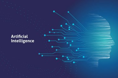 Büyük veriler ve yapay zeka kavramı. Mavi zemin üzerinde ana hatları, devre kartı ve veri akışı olan insansı yüzü düşünen makine öğrenme ve ağ.