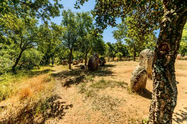 Evora, Portekiz 27 Mayıs 2022: Almendres 'in Cromlech' i 7.000 yıl öncesine dayanan ve en ünlü Neolitik anıttan 2000 yıl daha eski olan bir megalitik kompleksi, Stonehenge..