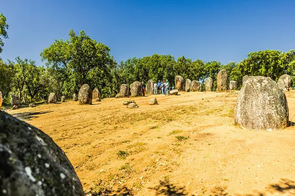 Evora, Portekiz 27 Mayıs 2022: Almendres 'in Cromlech' i 7.000 yıl öncesine dayanan ve en ünlü Neolitik anıttan 2000 yıl daha eski olan bir megalitik kompleksi, Stonehenge..