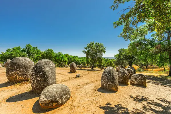 Evora, Portekiz 27 Mayıs 2022: Almendres 'in Cromlech' i 7.000 yıl öncesine dayanan ve en ünlü Neolitik anıttan 2000 yıl daha eski olan bir megalitik kompleksi, Stonehenge..