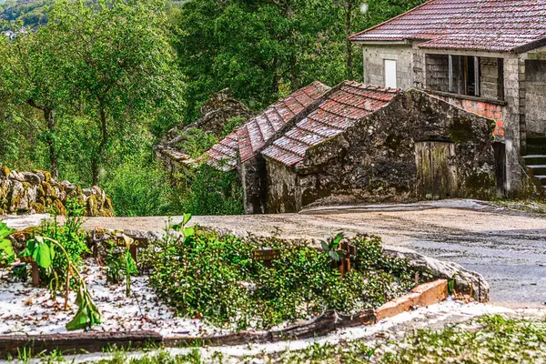Castro Laboreiro, Portekiz 01 Mayıs 2024: Peneda Geres Ulusal Parkı 'nın Viana do Castelo Bölgesi' nde yer alan küçük Castro Laboreiro köyünün hemen dışındaki küçük tarihi konutlar.