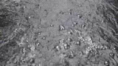 Akan bir derede oluşan su kabarcıklarını kapatın, yüzeye yansıyan güneş ışığıyla aydınlatılarak..