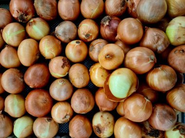 Sarı derili soğan yığını. Taze sebzeler genellikle yemek pişirmede kullanılır, pazar ve mutfak ortamlarında doğal tarım ürünlerini gösterir..