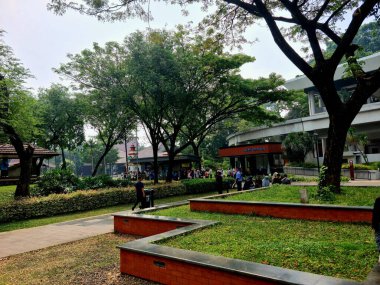 Yeşil çimenli ve kırmızı tuğlalı bahçe çimleri. Doğa ve mimarinin aksine park veya bahçe tasarımı için barışçıl bir açık hava manzarası yaratır..