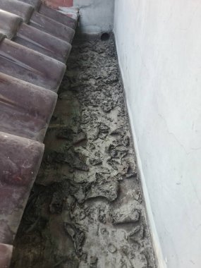 Yüzeyinde kurumuş yosun ve lekeler olan kirli oluk. İnşaat, dış bakım ve arka plan kullanımı için eski su boşaltma borusu detaylarını gösteriyor..