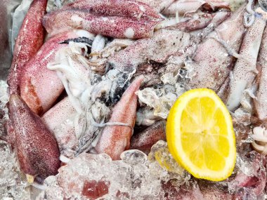 Limon dilimli taze mürekkep balığı satılmaya hazır, pazarlar için mükemmel deniz ürünleri.