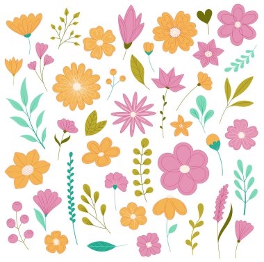 Farklı çiçek ve yapraklar. Yapraklı çiçekler, tomurcuklar, farklı şekil ve dallardan yapraklar. Davetiye tasarımı, kartlar, hatıra defteri, web siteleri, sosyal ağlar ve dekor için mükemmel.