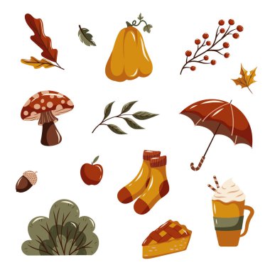 Sıcak sonbahar vektörü seti, dökülen yapraklar, mantar, balkabağı, mevsimlik elementler. Vektör illüstrasyonu
