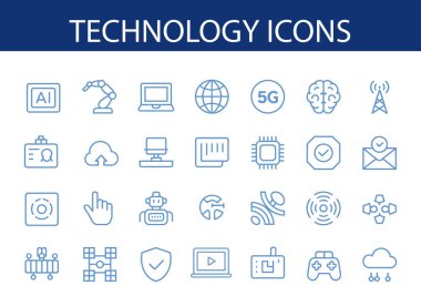 Teknoloji Simgeleri Kümesi 5G, AI, Robotik, Bulut Hesaplama ve Daha Fazla Düz Vektör Resimleri.