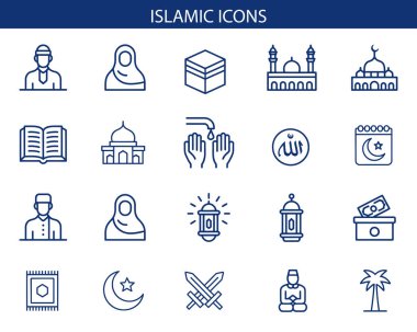 İslam Simgeleri Cami, Kuran, Namaz, Ramazan, Kurban Bayramı ve İslami Kültür için Vektör Çizgisi Sembolleri Belirledi.