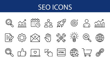SEO Simgeleri Ayarları: Analizler, Anahtar Kelimeler, Sıralama, Web Sitesi Pazarlama Vektörü.