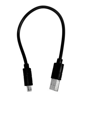 Kısa bir USB 'den Micro-USB' ye şarj ve veri kablosu beyaz bir arkaplanda izole edilmiş, eğri bir şekilde gösterilir.