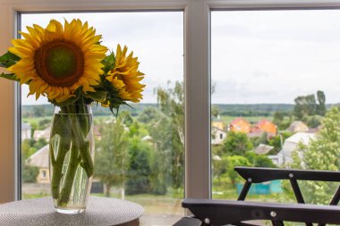 Çiçekler vazonun içinde, bir sandalyenin yanında, sarı, güneşli çiçekler, bir buket çiçeğin yanında.
