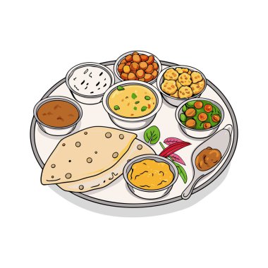 Roti ve Çeşitli Tabaklar Vektör Sanat Tasarımı ile Renkli Hint Thali Tabağı