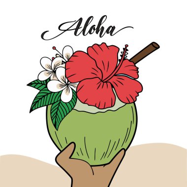 Hibiscus ve Plumeria Çiçekleri Vektör İllüstrasyon Sanat Tasarımı ile Aloha Hindistan cevizi İçeceği