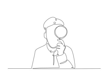 Akıllı çocuk Büyüteç çizimi tek ana hatlı illüstrasyonda. Elinde büyüteç tutan meraklı çocuğun durmaksızın çizdiği çizimler..