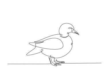 Tek ana hatlı resimde şirin bir mandarin ördeği çizimi. Mandarin ördeğinin aralıksız çizimleri.