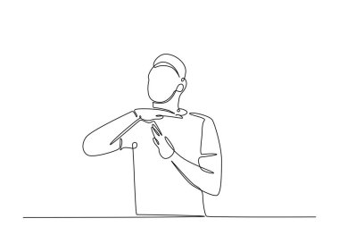 Adam tek bir taslak çizimde el hareketi yapıyor. El işaretinin aralıksız çizimi.