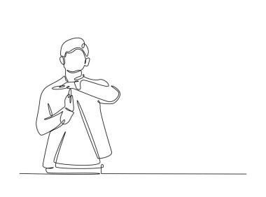 Adam tek bir taslak çizimde el hareketi yapıyor. El işaretinin aralıksız çizimi.